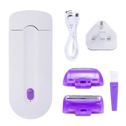 Painless hair removal laser epilator with replaceable heads and USB charger.