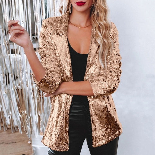 Women Shinny Sequins Blazer Casual Long Sleeve Shimmer Glitter Party