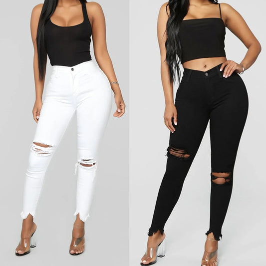 Women Denim Regular Pants Slim Plus Size Ripped Hole Solid Color Long Jeans 2024