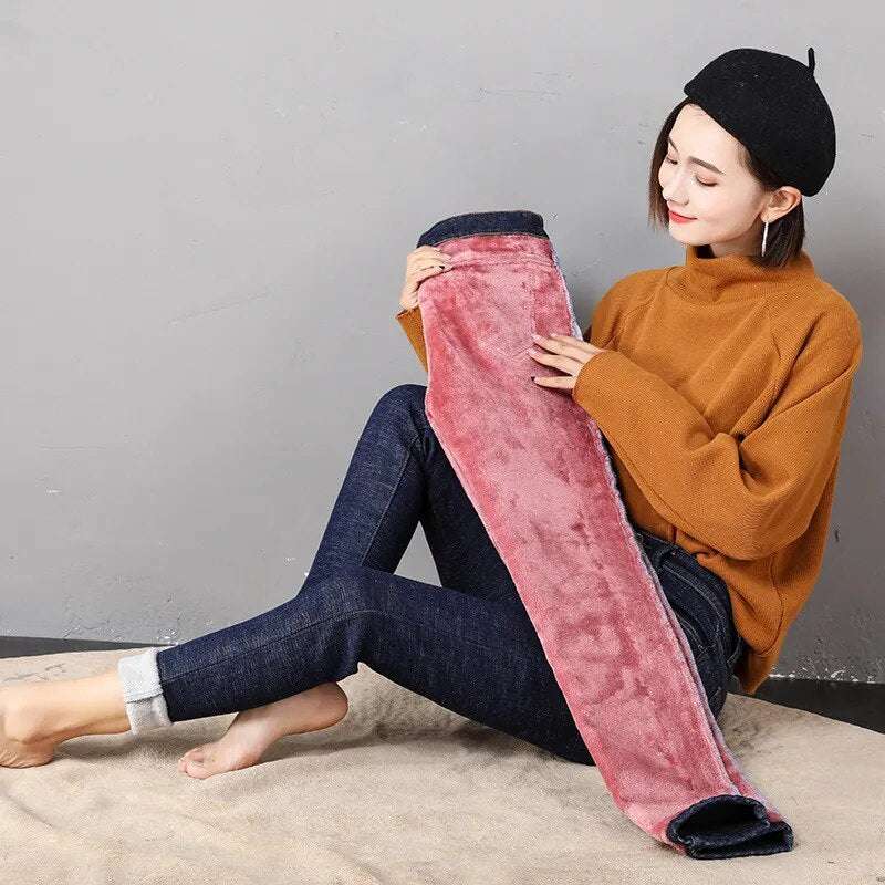 Fashion Stretch High Waist Pencil Pants Female Casual Velvet Jeans Womens High Quality Jeans Thick Women Pants