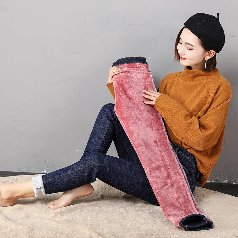 Fashion Stretch High Waist Pencil Pants Female Casual Velvet Jeans Womens High Quality Jeans Thick Women Pants 2023