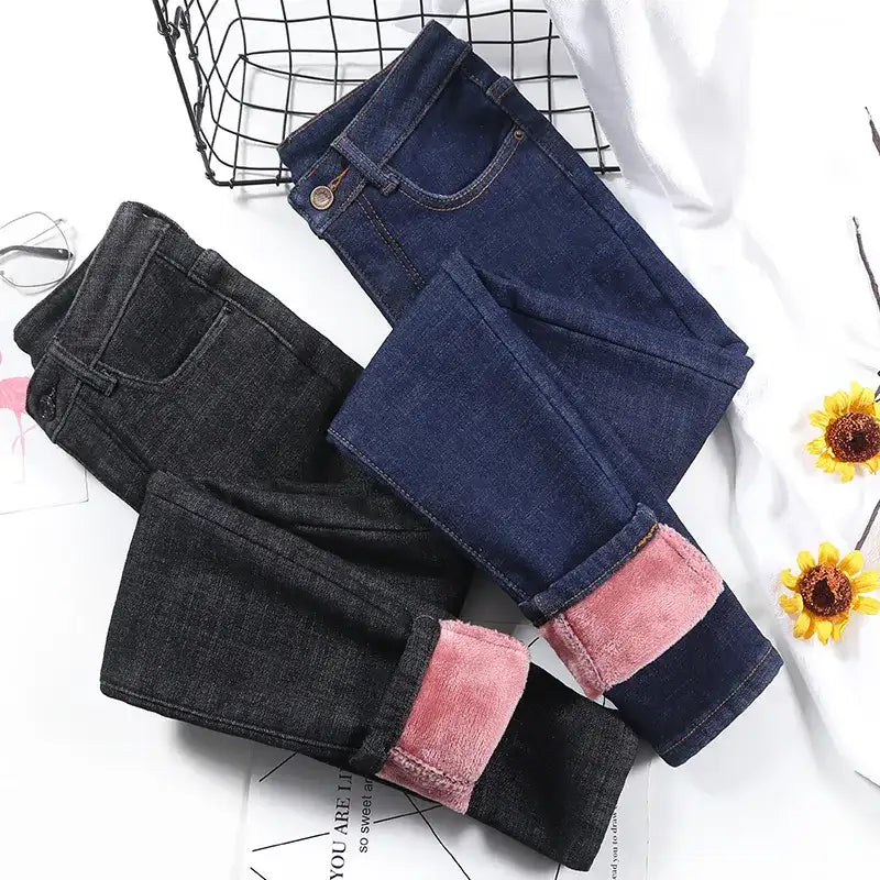 Fashion Stretch High Waist Pencil Pants Female Casual Velvet Jeans Womens High Quality Jeans Thick Women Pants