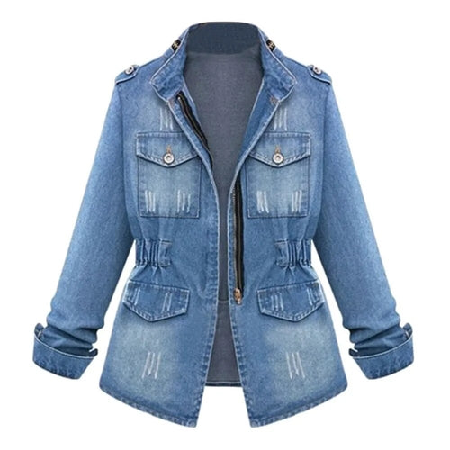 Womens Denim Jacket Autumn Winter Streetwear Zipper Waist Tunic Denim