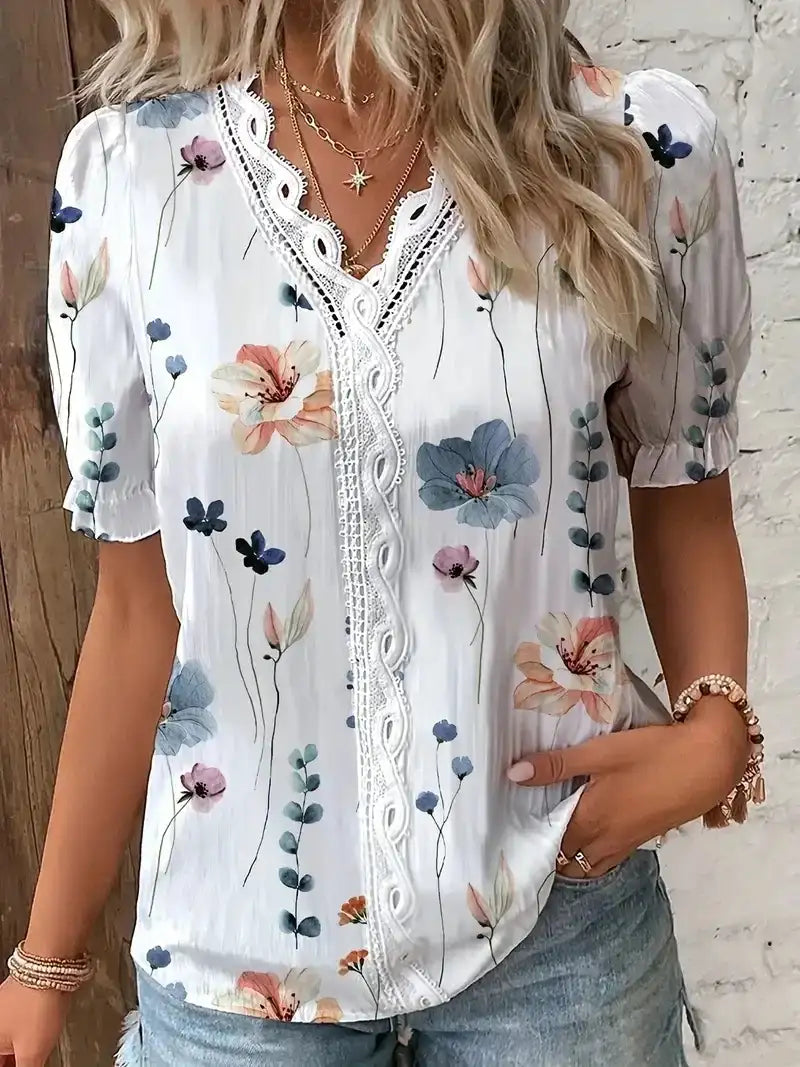 Fashion Woman Blouses 2025 Shirt Women's 3d Flower Print White Kawaii V-neck Female Clothing