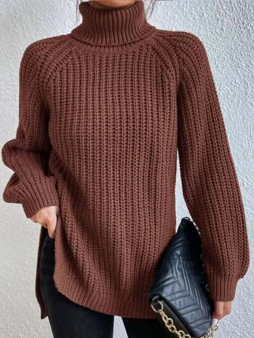 Winter Turtleneck Sweater Women Fashion Solid Color Split Knitted