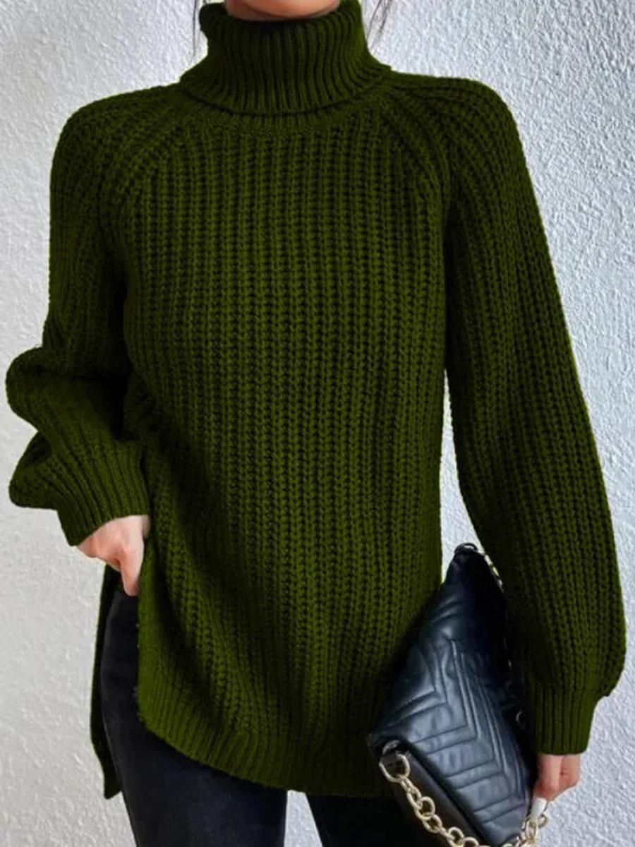 Winter Turtleneck Sweater Women Fashion Solid Color Split Knitted