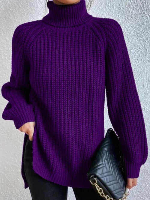 Winter Turtleneck Sweater Women Fashion Solid Color Split Knitted