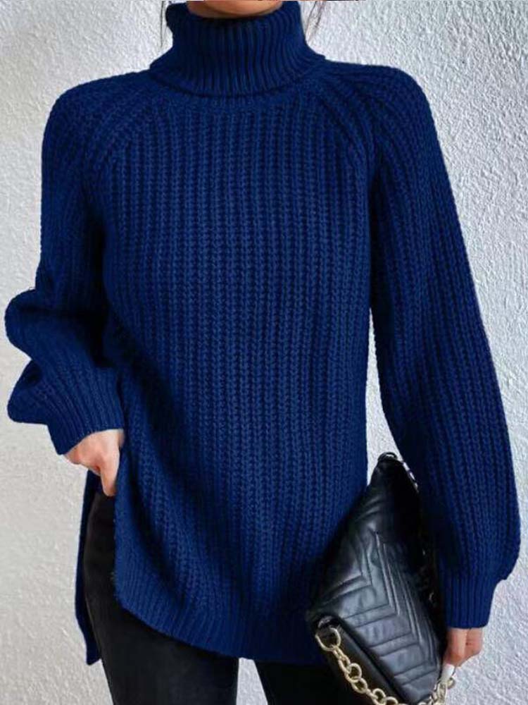 Winter Turtleneck Sweater Women Fashion Solid Color Split Knitted