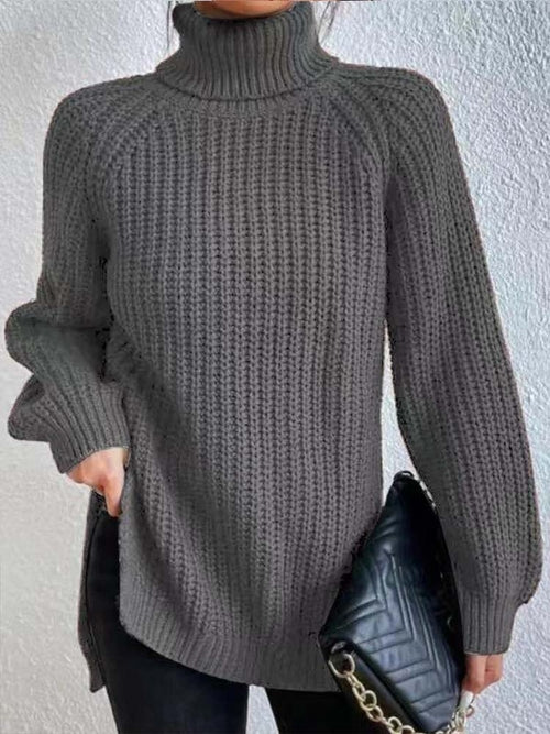 Winter Turtleneck Sweater Women Fashion Solid Color Split Knitted
