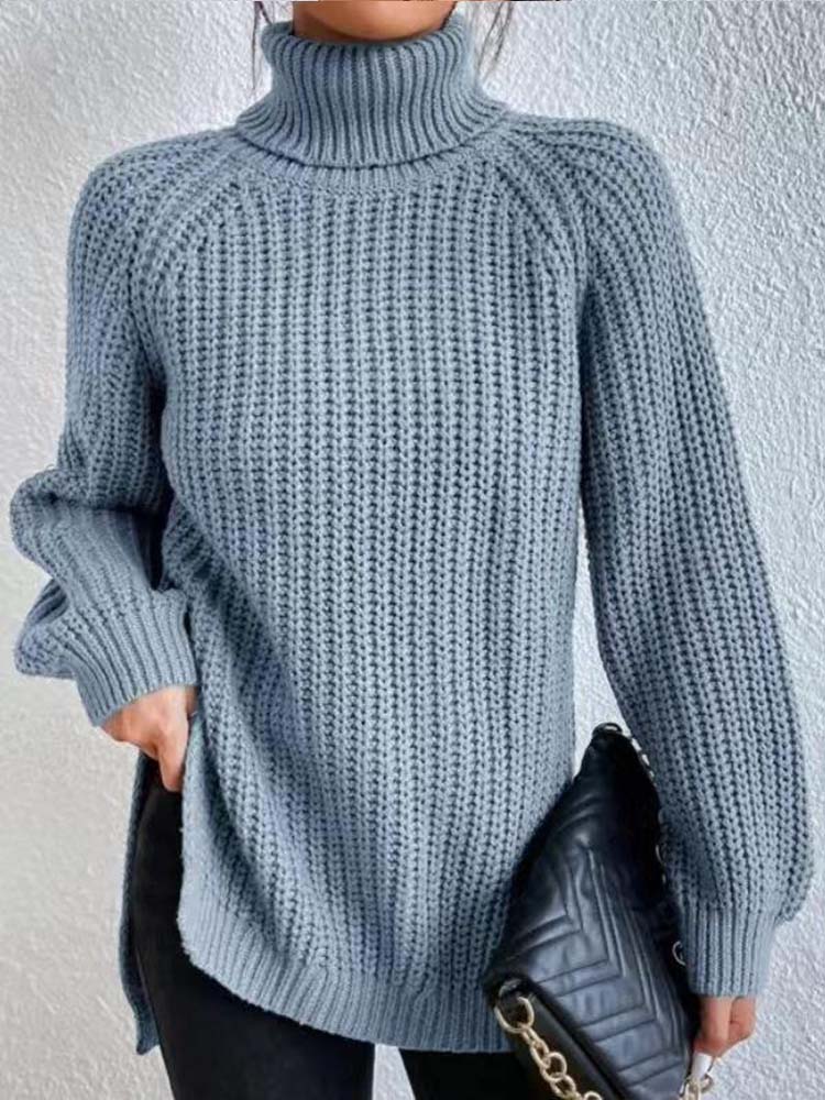 Winter Turtleneck Sweater Women Fashion Solid Color Split Knitted