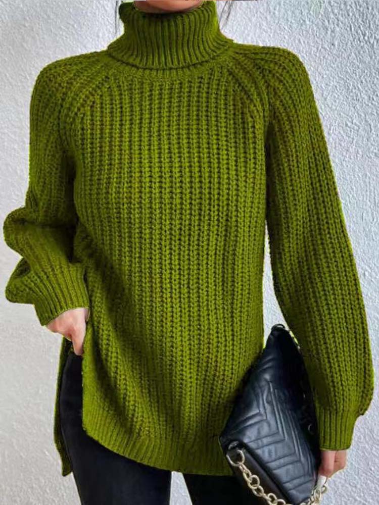 Winter Turtleneck Sweater Women Fashion Solid Color Split Knitted