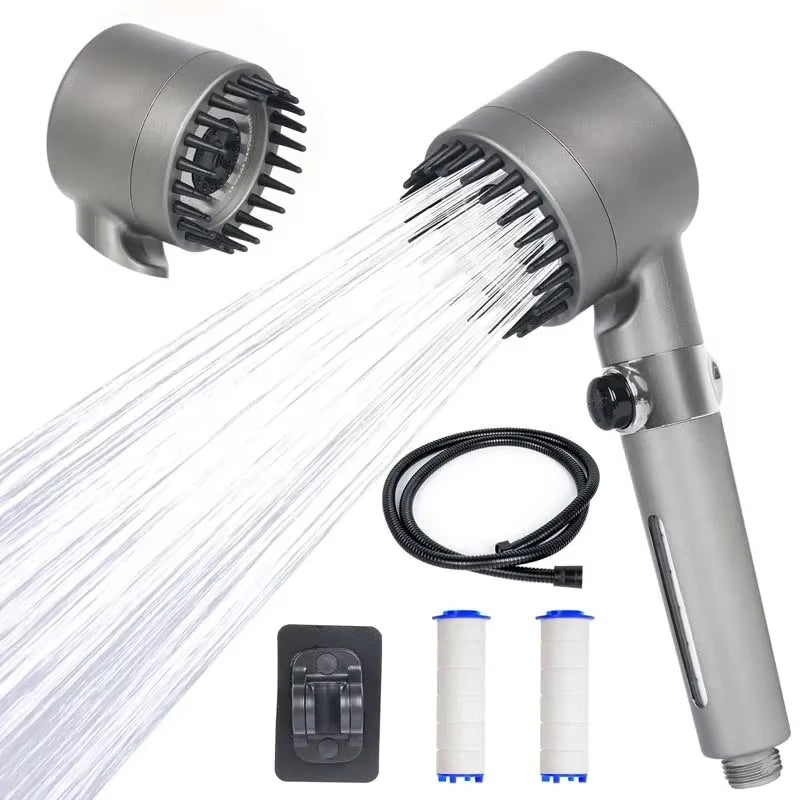 High pressure shower head with water-saving filter and controllable hand shower attachments.