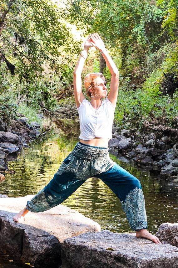 Teal FLORAL Women Boho Pants Hippie Pants Yoga Pants