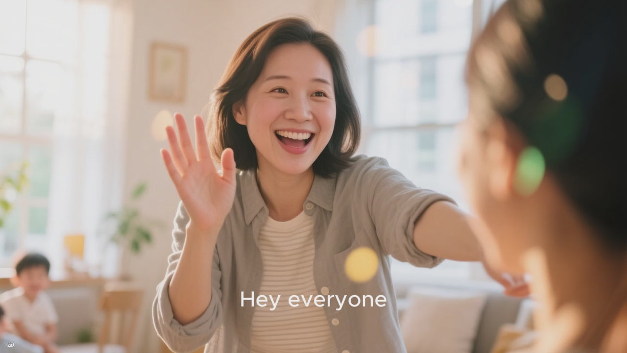 A smiling woman waving and greeting others, capturing a joyful moment in a bright living room.