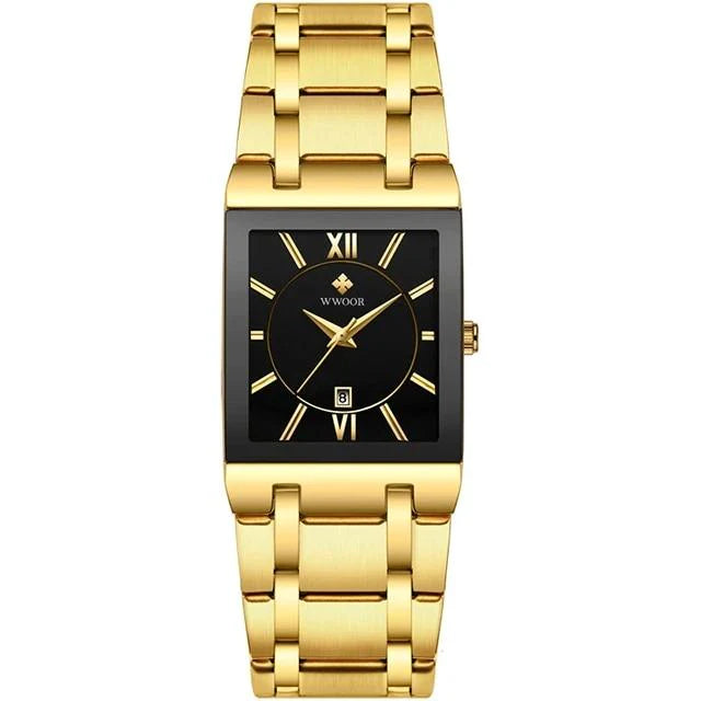 Men’s Black Gold Square Quartz Watch – Stainless Steel, Waterproof, Fashionable Design